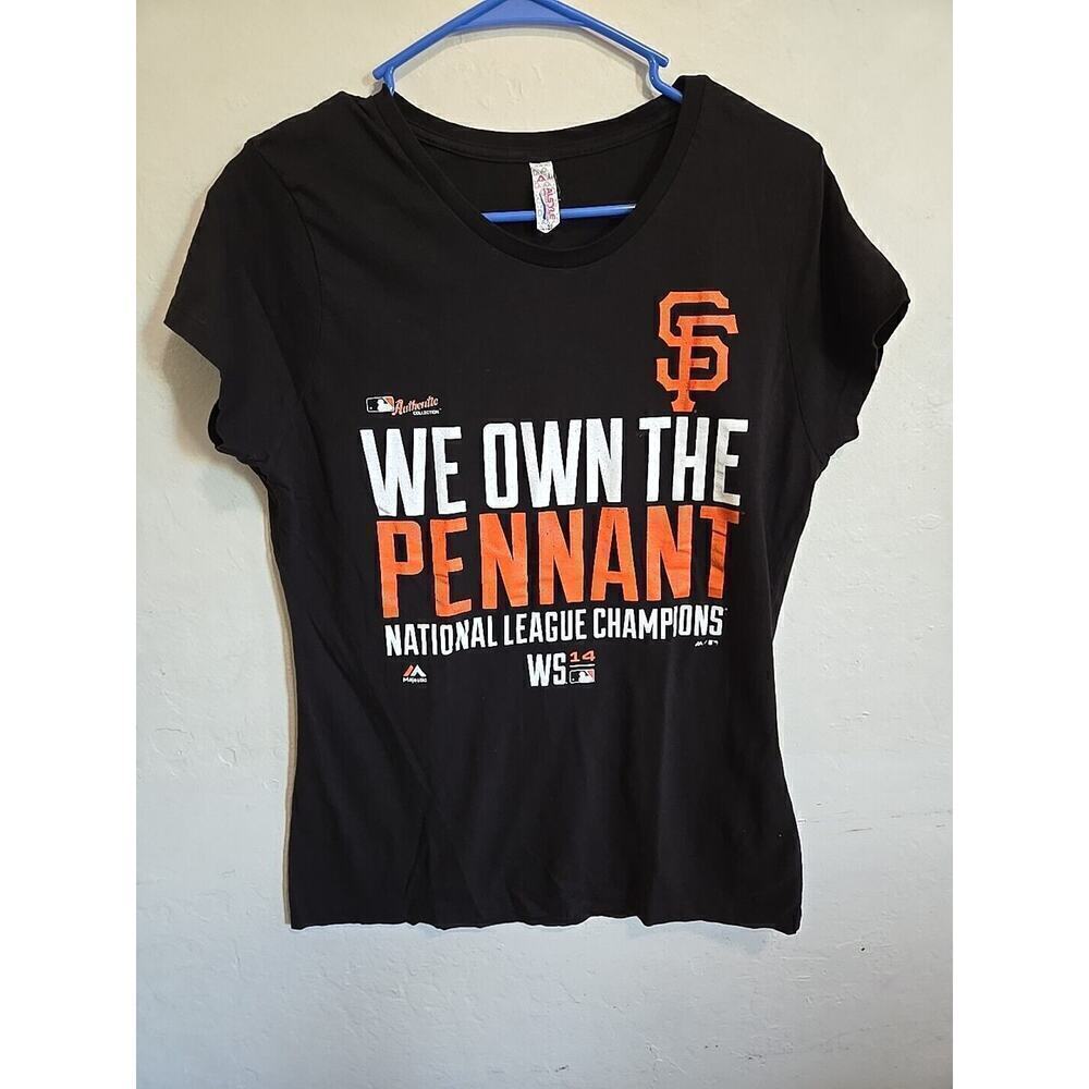 San Francisco Giants Tee Shirt Women Black Orange Majestic We own the Pennant L